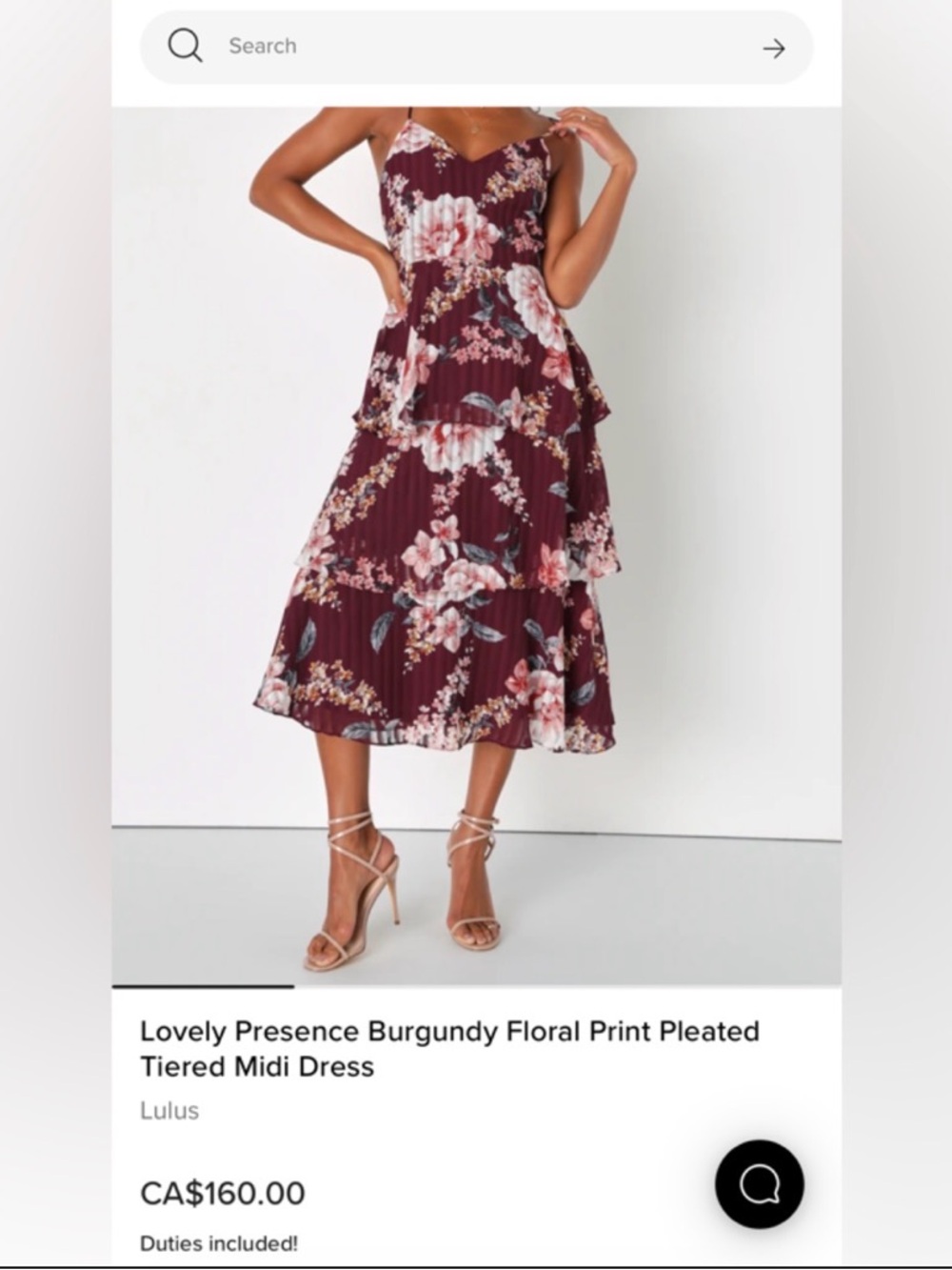 New with Tags Lovely Presence Burgundy Floral Print Pleated Tiered Midi Dres